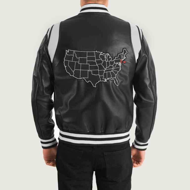 Mens Liberte New Jersey Black Leather Varsity Jacket Tilted Back-8-1704193250174